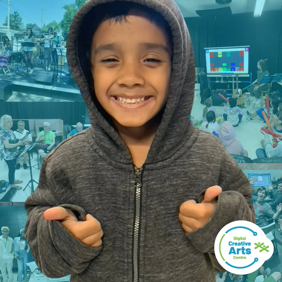 Happy child giving thumbs up, surrounded by images of music and digital arts classes.