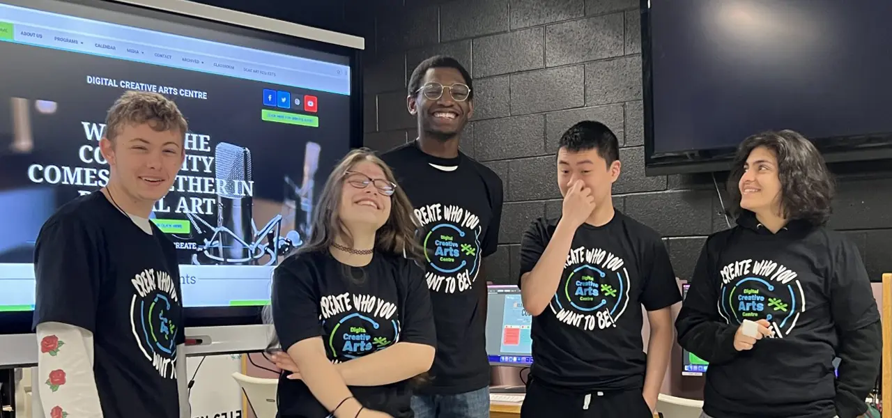 Five students in Digital Creative Arts Centre co-op placements, smiling for a photo.
